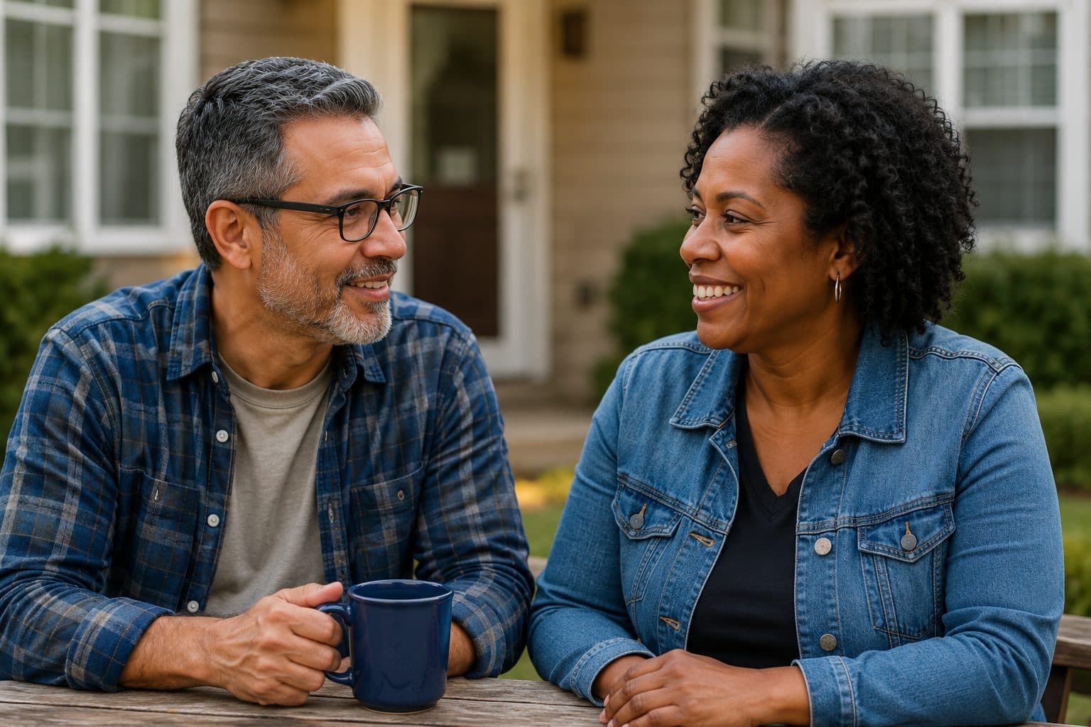 A staff member and an applicant talking over coffee at an outdoor table