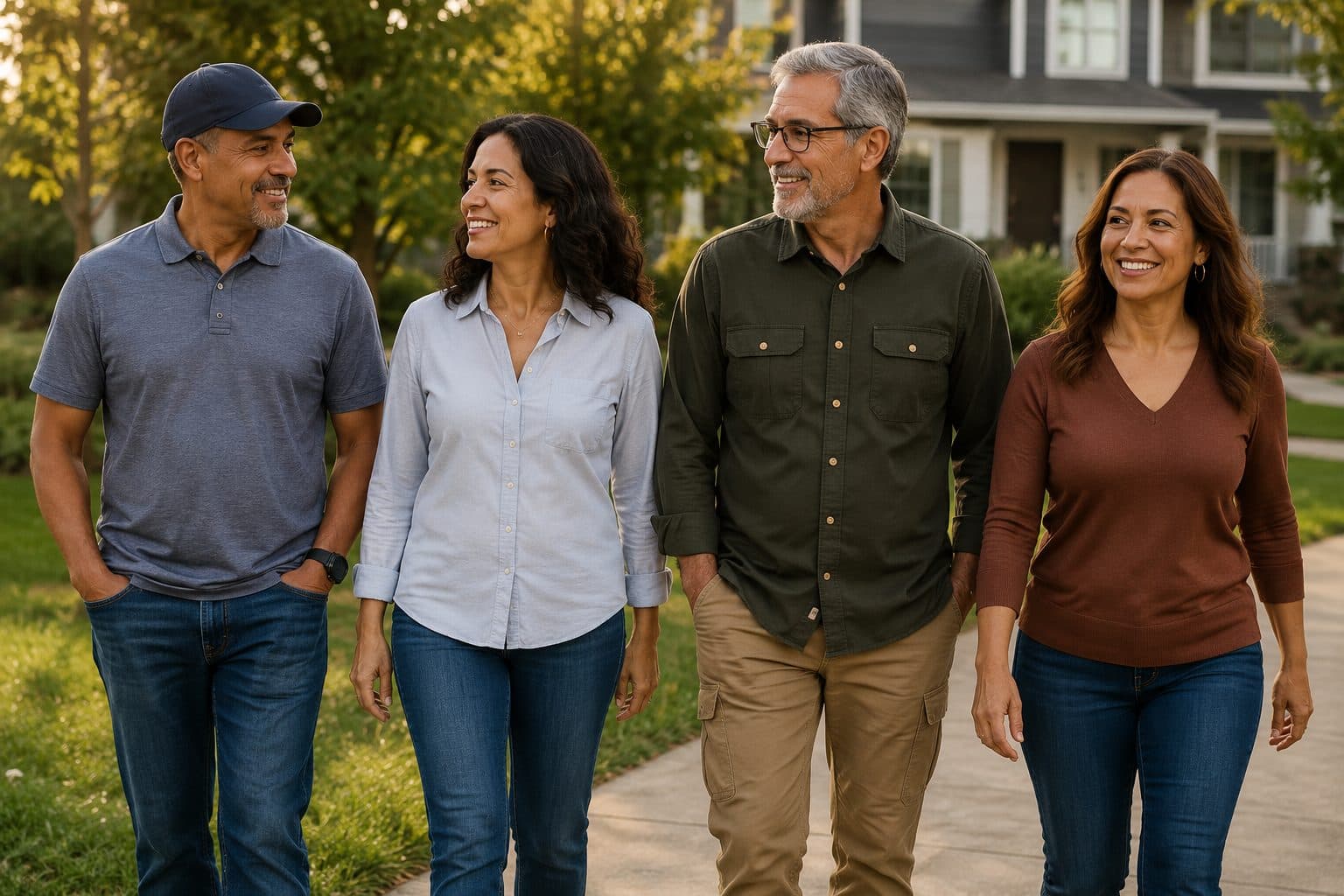 Four neighbors walking and talking together along a tree-lined sidewalk