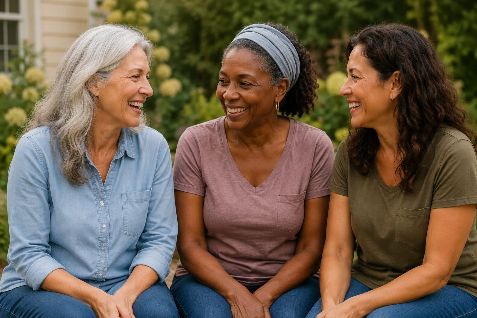 Three women sitting together outdoors, smiling in an easy, welcoming conversation