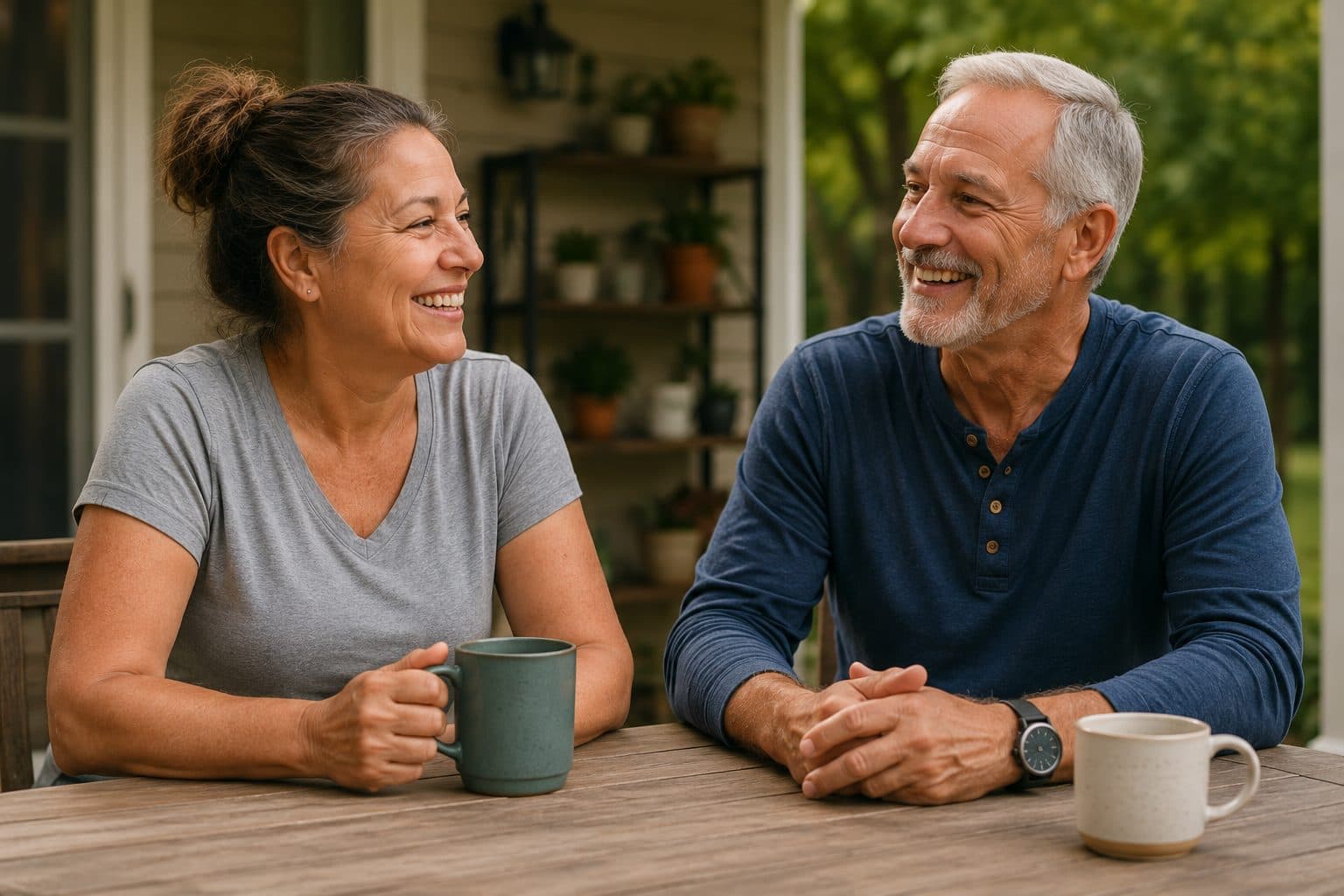 Two people talking warmly over coffee on a porch