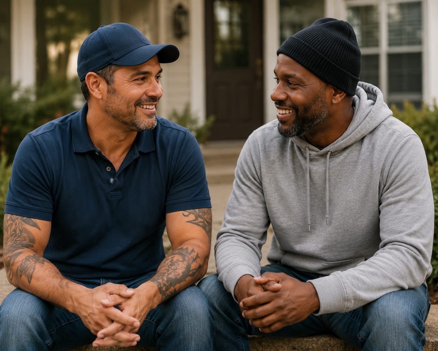 Two residents sitting together on front steps, talking and smiling