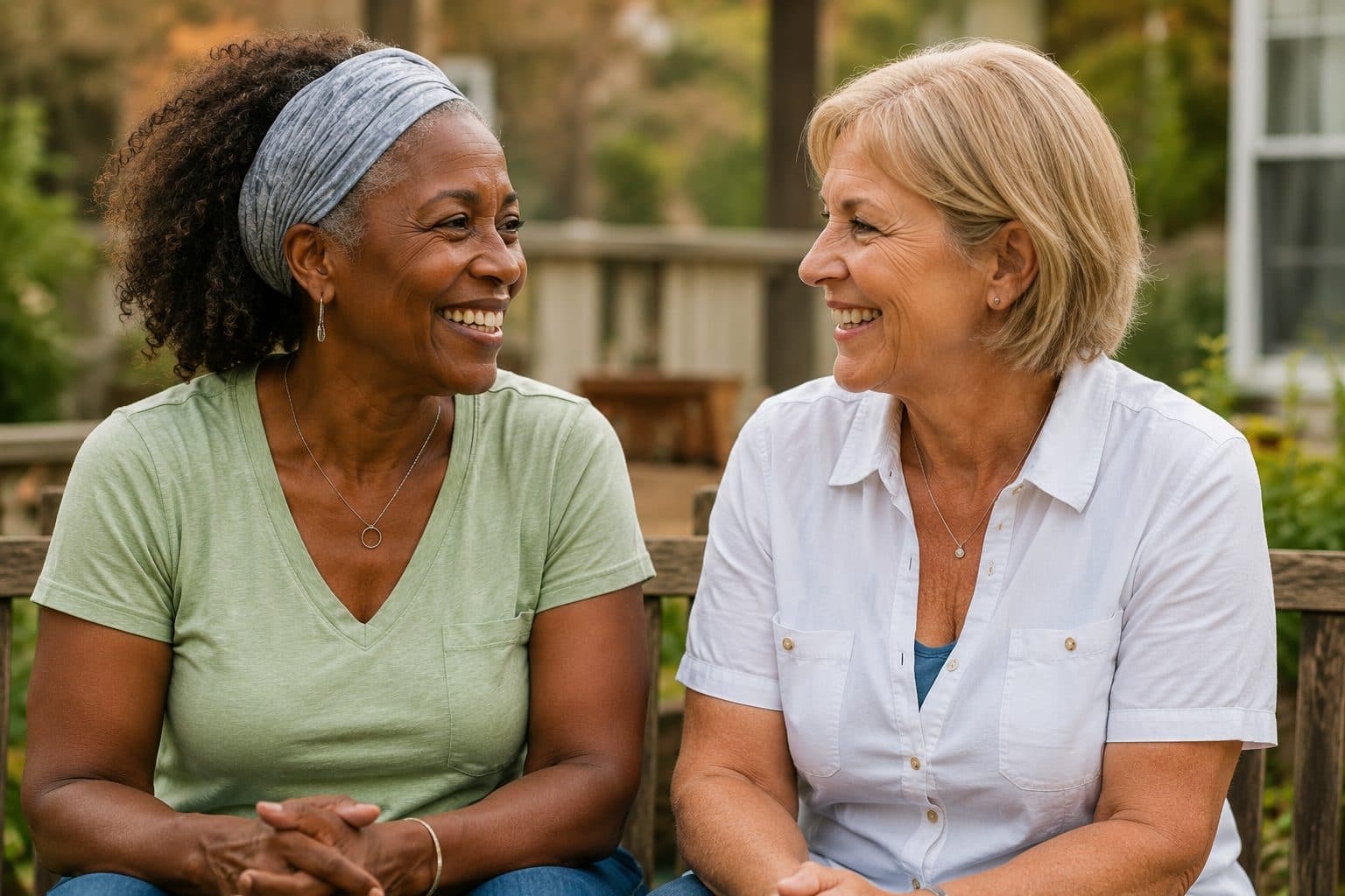 Two women sitting on a bench outdoors, smiling in conversation